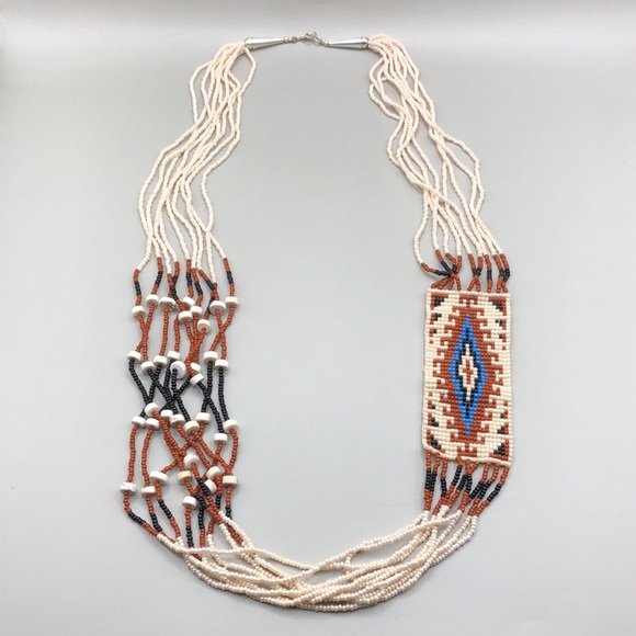 Vintage artisan Native American Rug Design Beaded Necklace Boho Statement - Picture 1 of 6